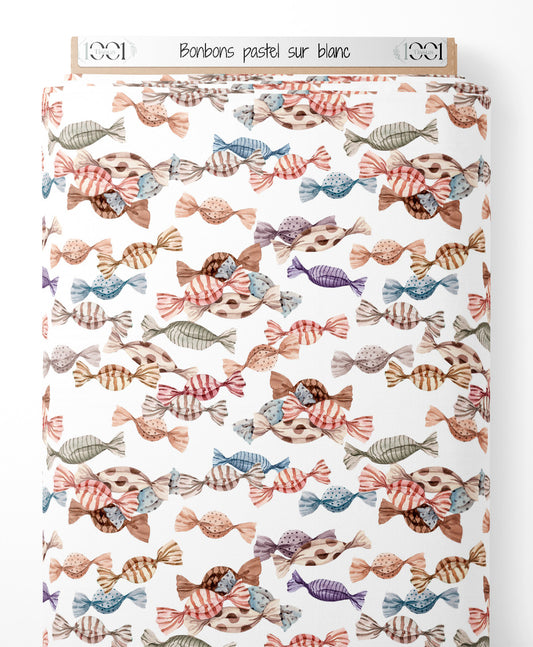 Tissu - Bonbons pastel sur blanc