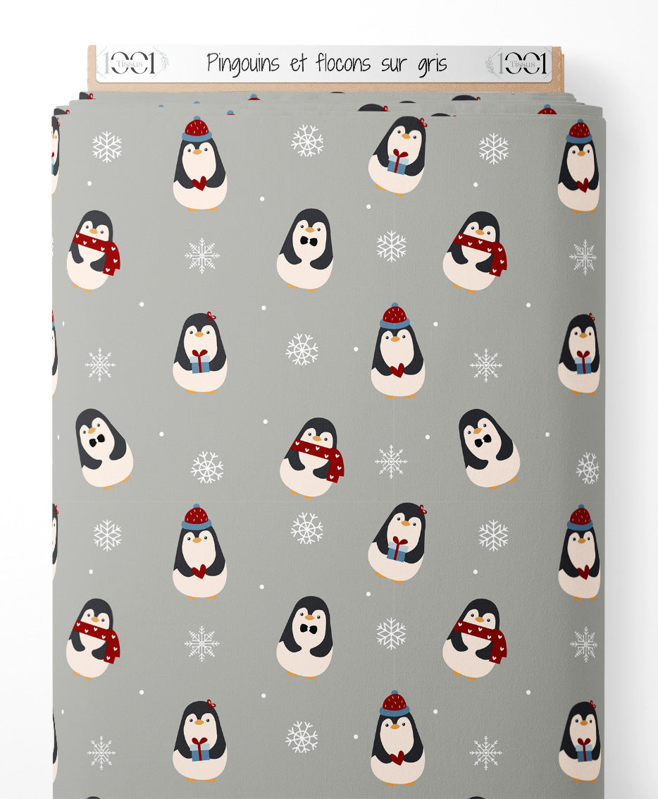 Tissu - Pingouins et flocons sur gris
