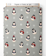 Tissu - Pingouins et flocons sur gris