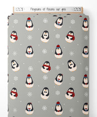 Tissu - Pingouins et flocons sur gris