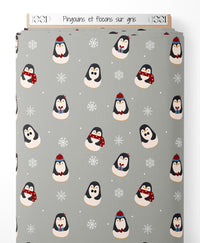 Tissu - Pingouins et flocons sur gris