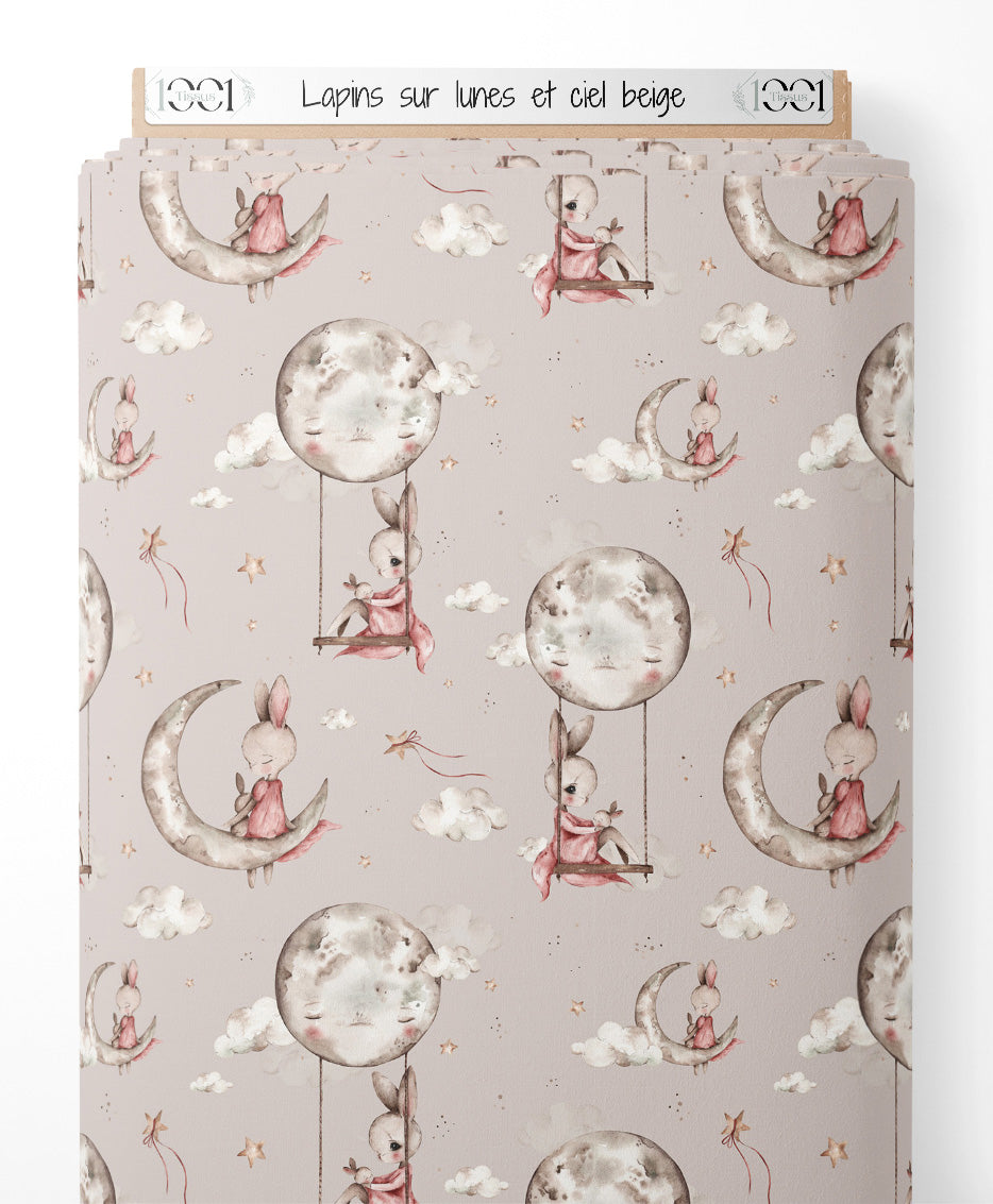Tissu - Lapins sur lunes et ciel beige