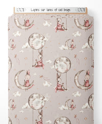 Tissu - Lapins sur lunes et ciel beige