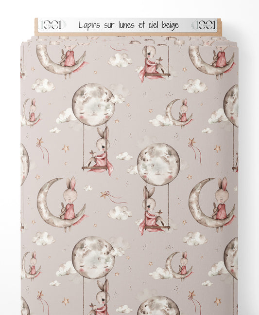 Tissu - Lapins sur lunes et ciel beige