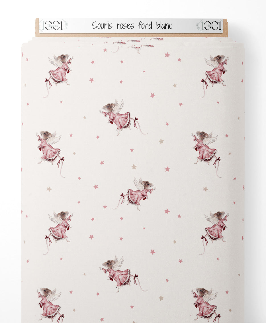 Tissu - Souris roses sur fond blanc
