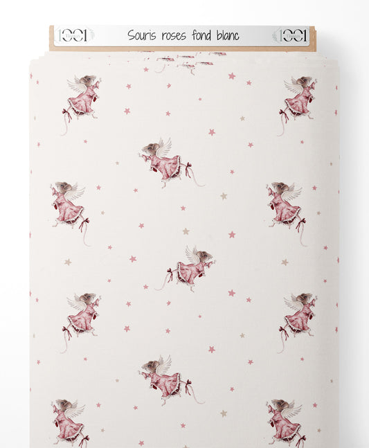 Tissu - Souris roses sur fond blanc