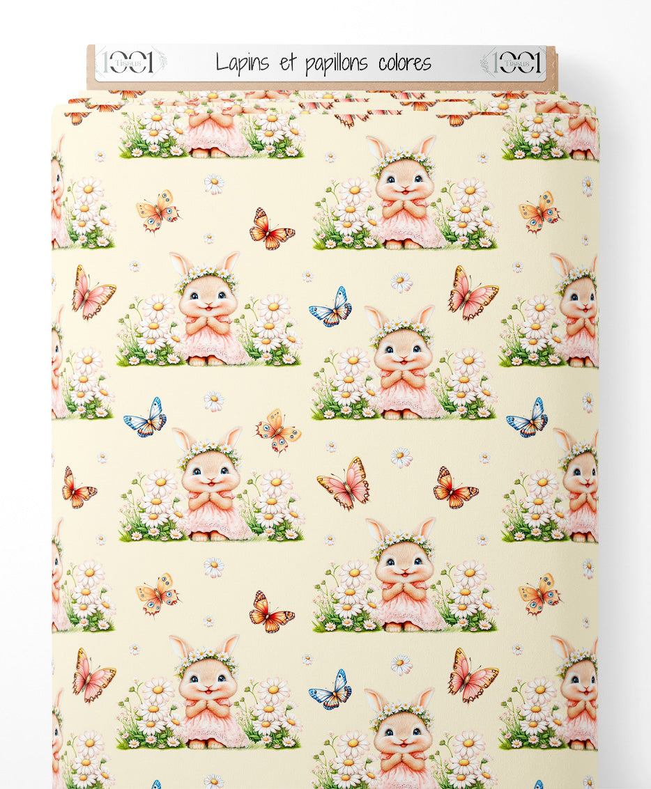 Tissu - Lapins et papillons colorés