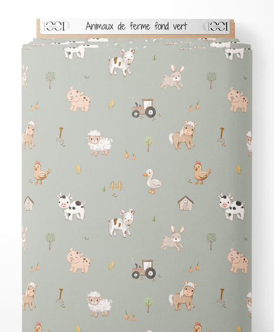 Tissu - Animaux de ferme sur fond vert