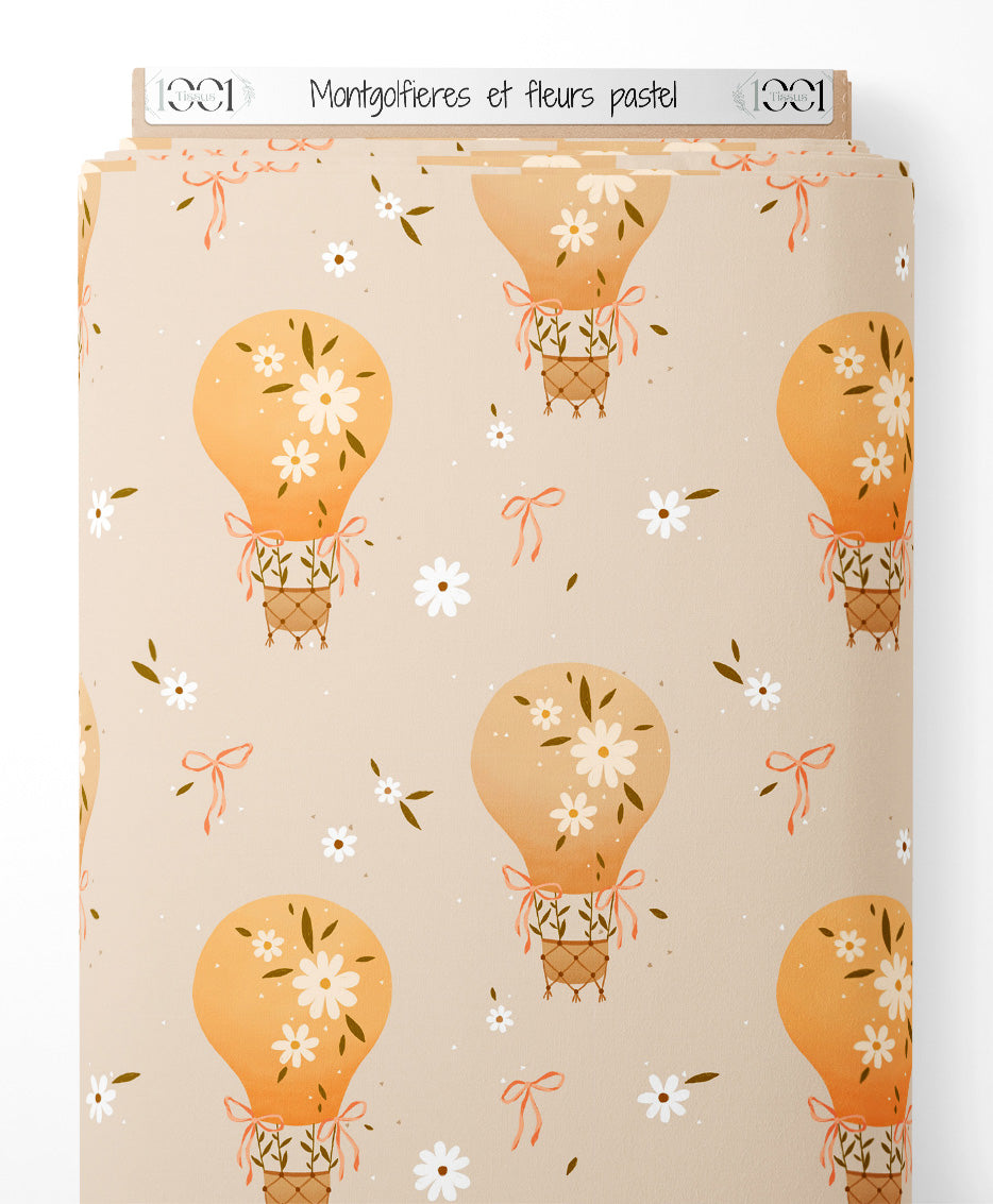 Tissu - Montgolfières et fleurs pastel