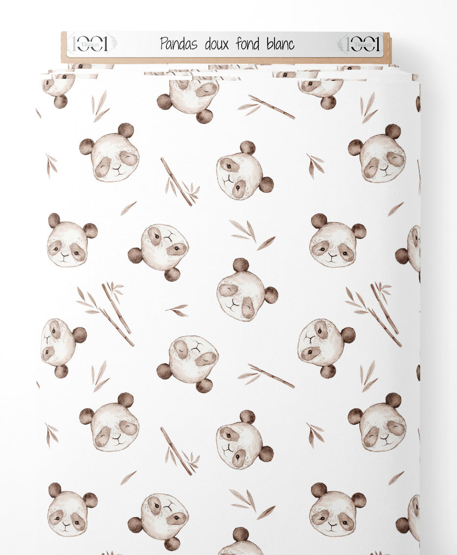 Tissu - Pandas doux sur fond blanc