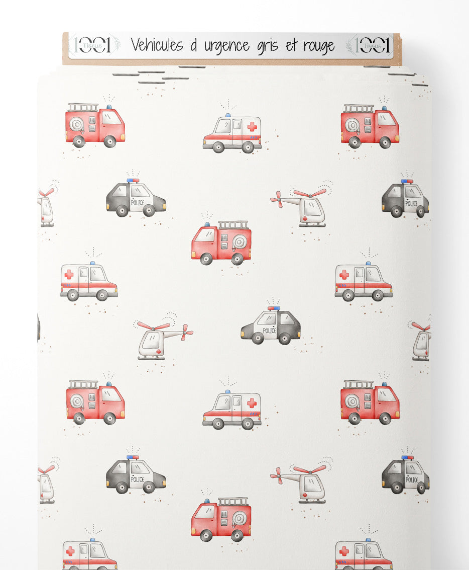 Tissu - Véhicules d'urgence gris et rouge