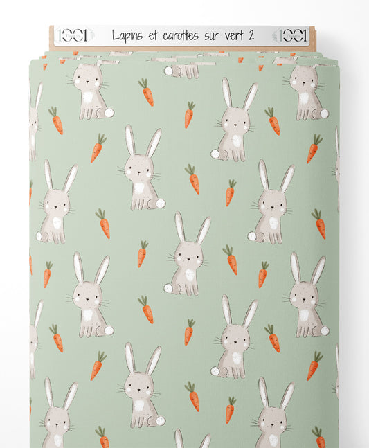 Tissu - Lapins et carottes sur vert 2