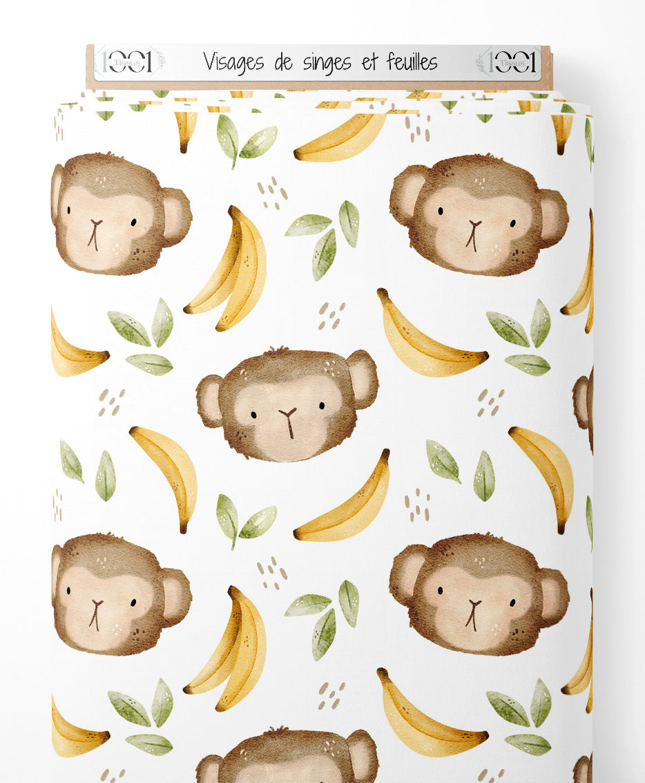 Tissu - Visages de singes et feuilles