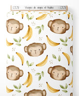 Tissu - Visages de singes et feuilles