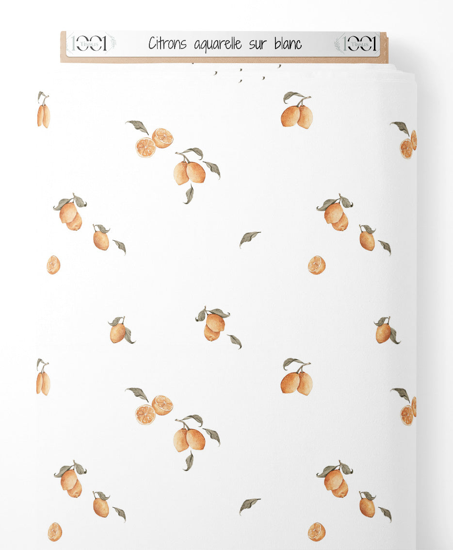 Tissu - Citrons aquarelle sur blanc