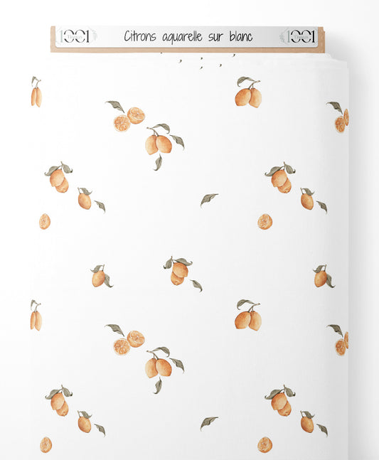 Tissu - Citrons aquarelle sur blanc