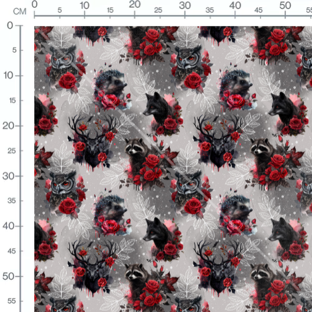 Tissu - Animaux et roses rouges