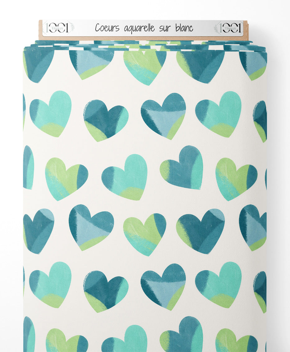 Tissu - Cœurs aquarelle sur blanc