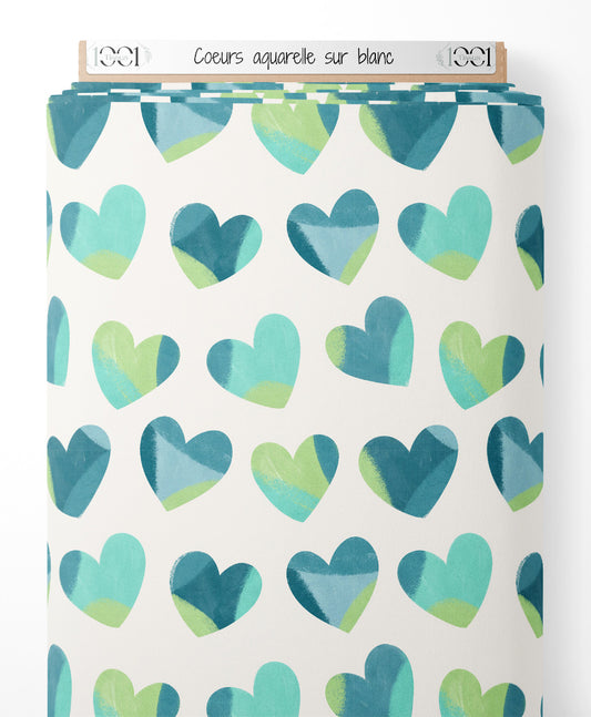 Tissu - Cœurs aquarelle sur blanc