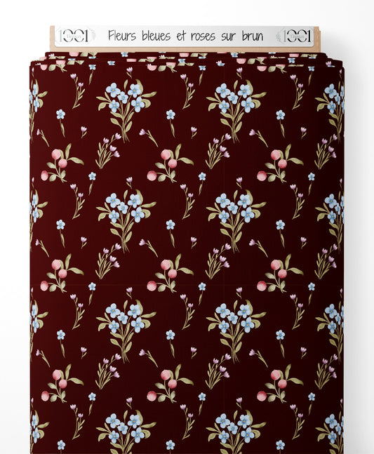 Tissu - Fleurs bleues et roses sur brun