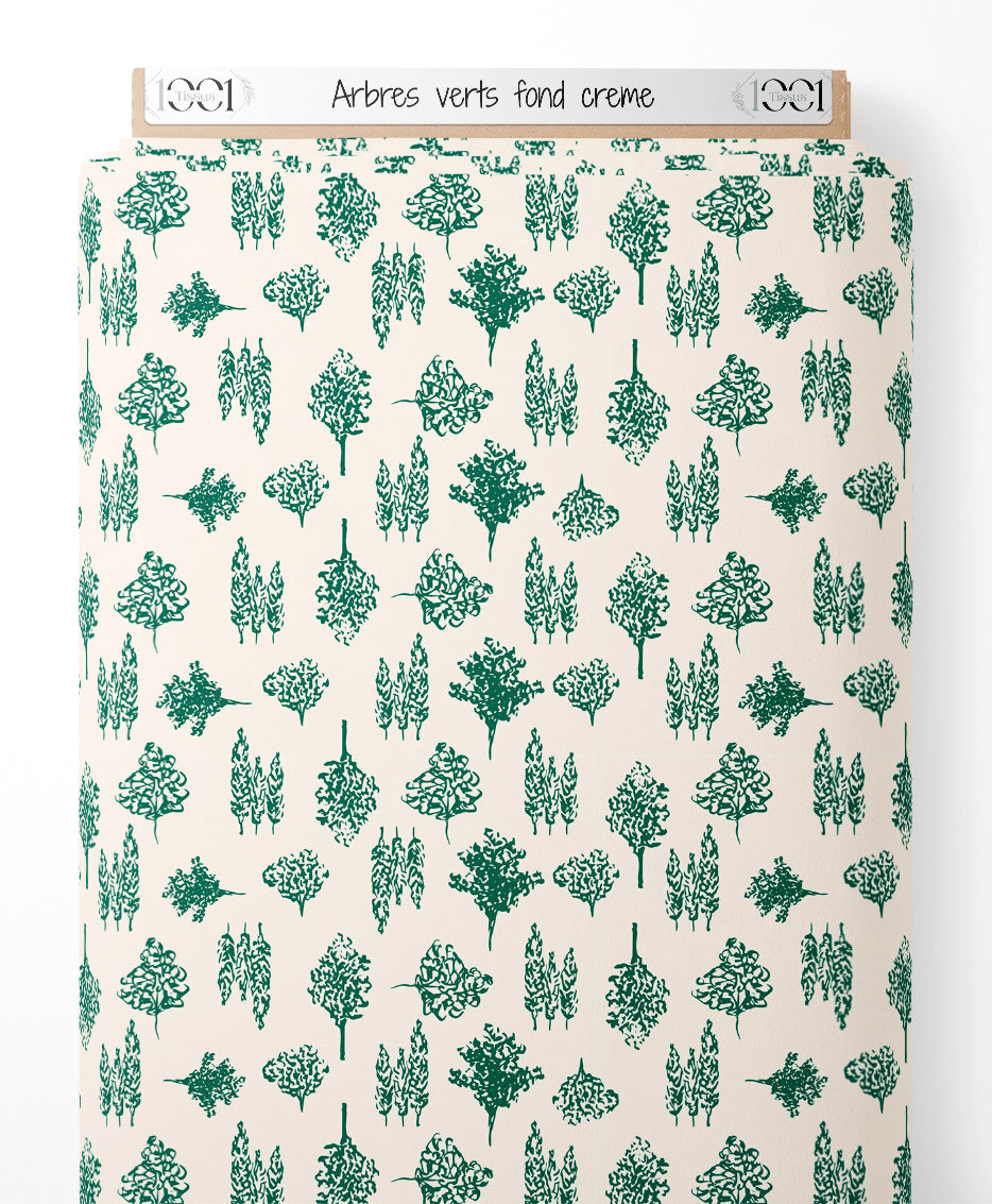 Tissu - Arbres verts sur fond crème