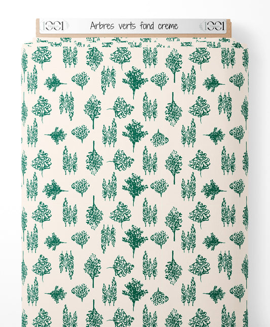 Tissu - Arbres verts sur fond crème