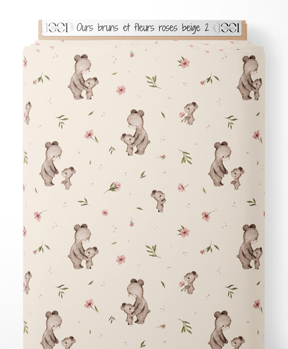 Tissu - Ours bruns et fleurs roses beige 2