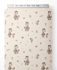 Tissu - Ours bruns et fleurs roses beige 2