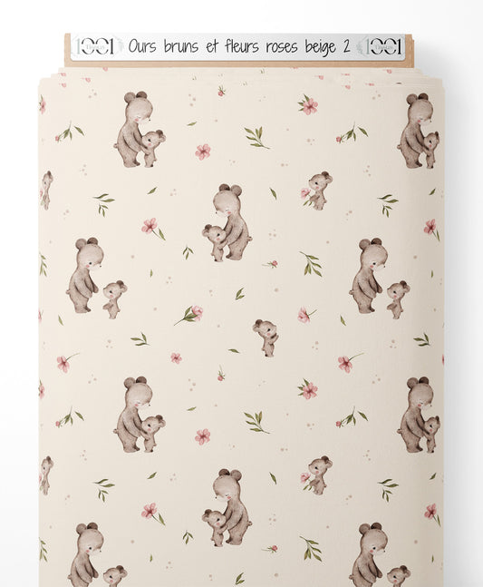 Tissu - Ours bruns et fleurs roses beige 2