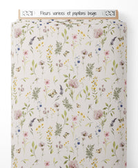 Tissu - Fleurs variées et papillons beige