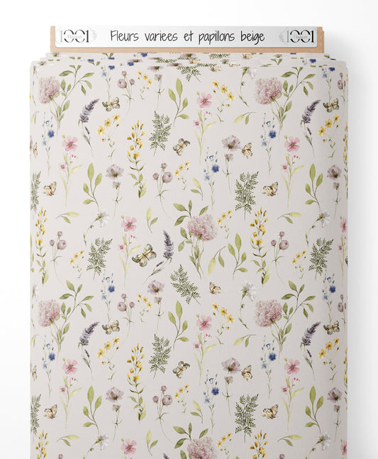 Tissu - Fleurs variées et papillons beige