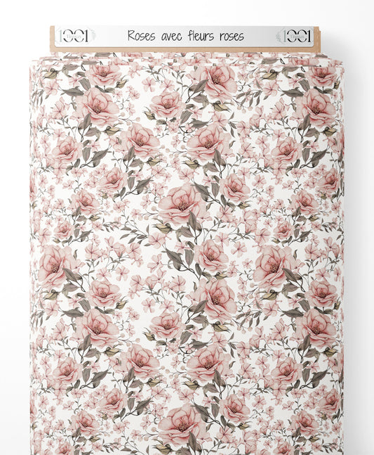 Tissu - Roses avec fleurs roses