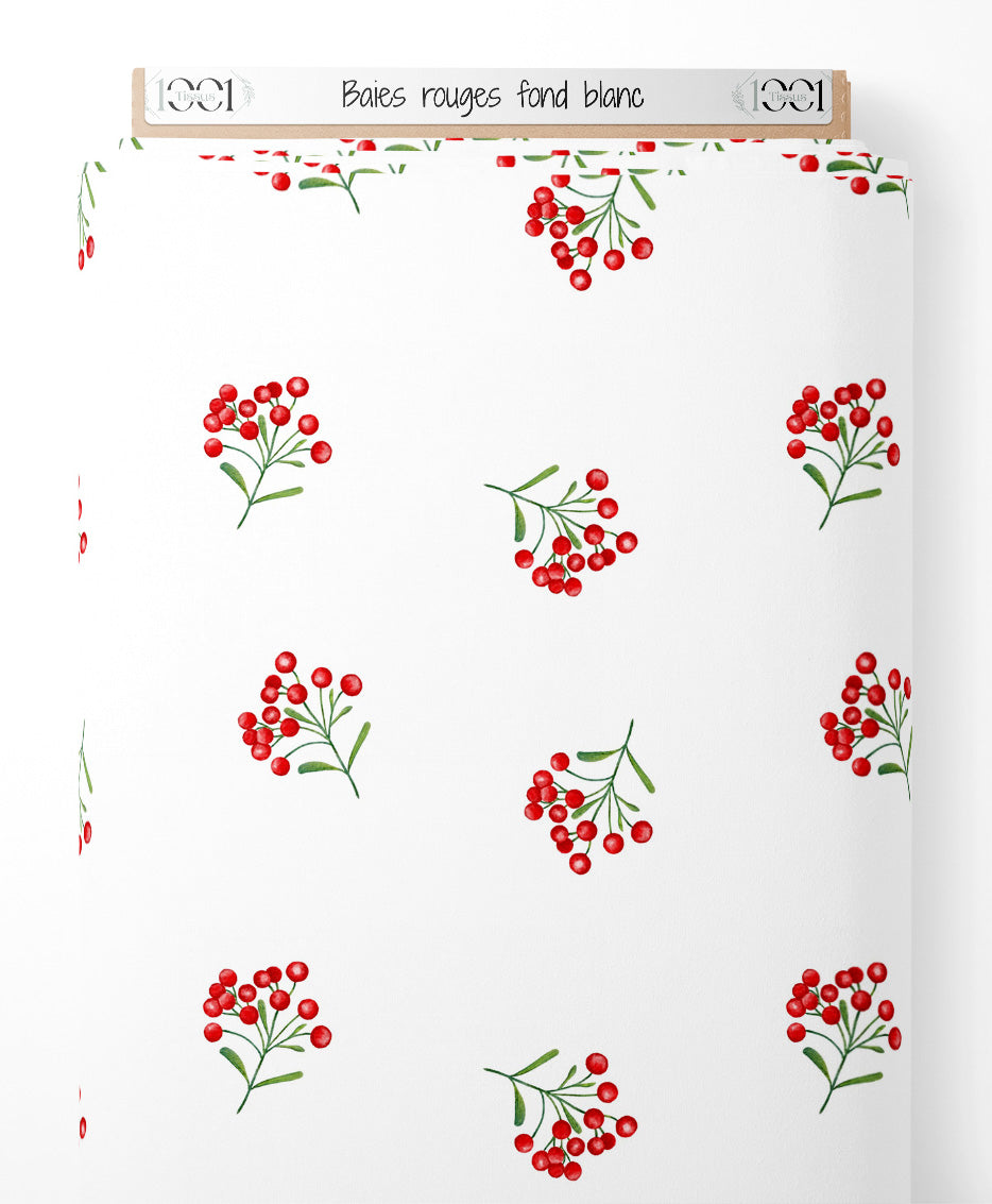 Tissu - Baies rouges sur fond blanc