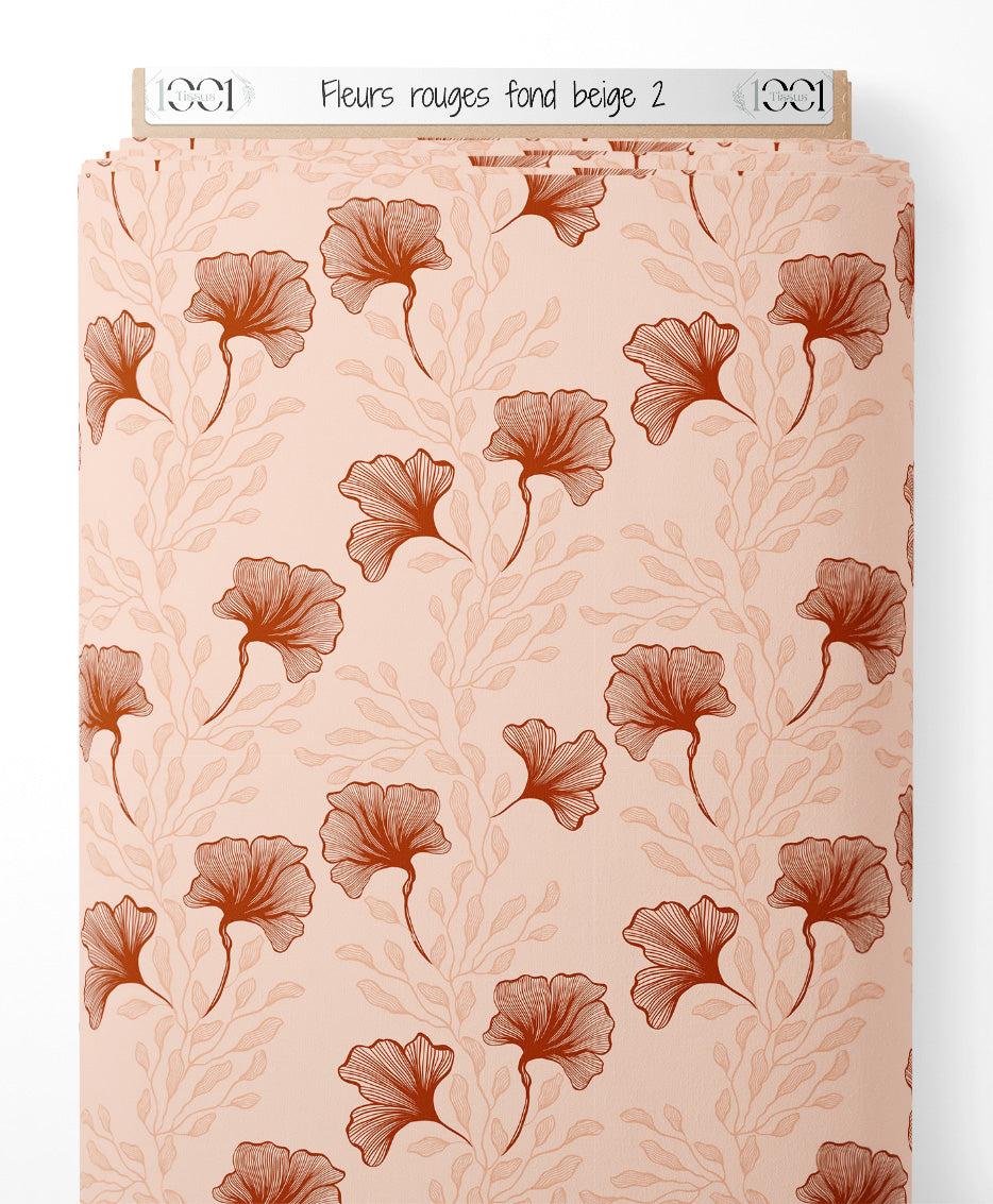 Tissu - Fleurs rouges sur fond beige 2