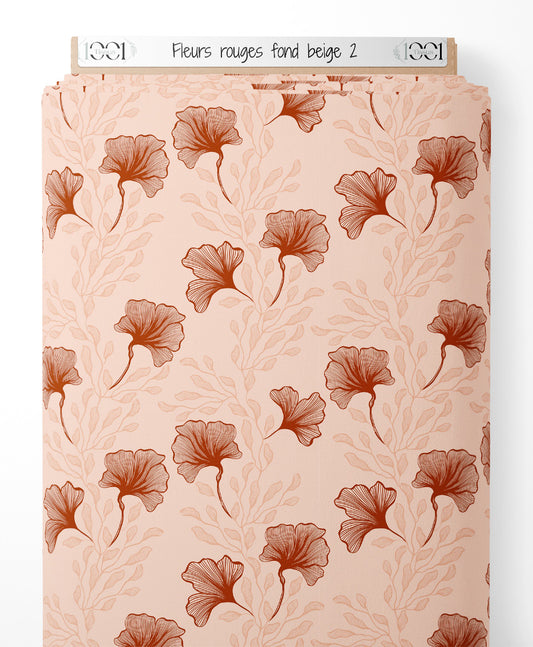 Tissu - Fleurs rouges sur fond beige 2