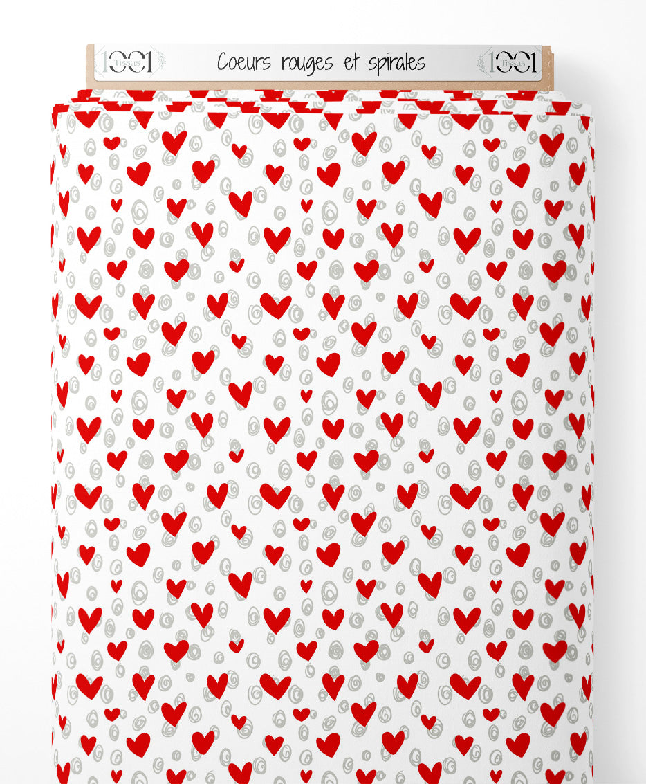 Tissu - Cœurs rouges et spirales