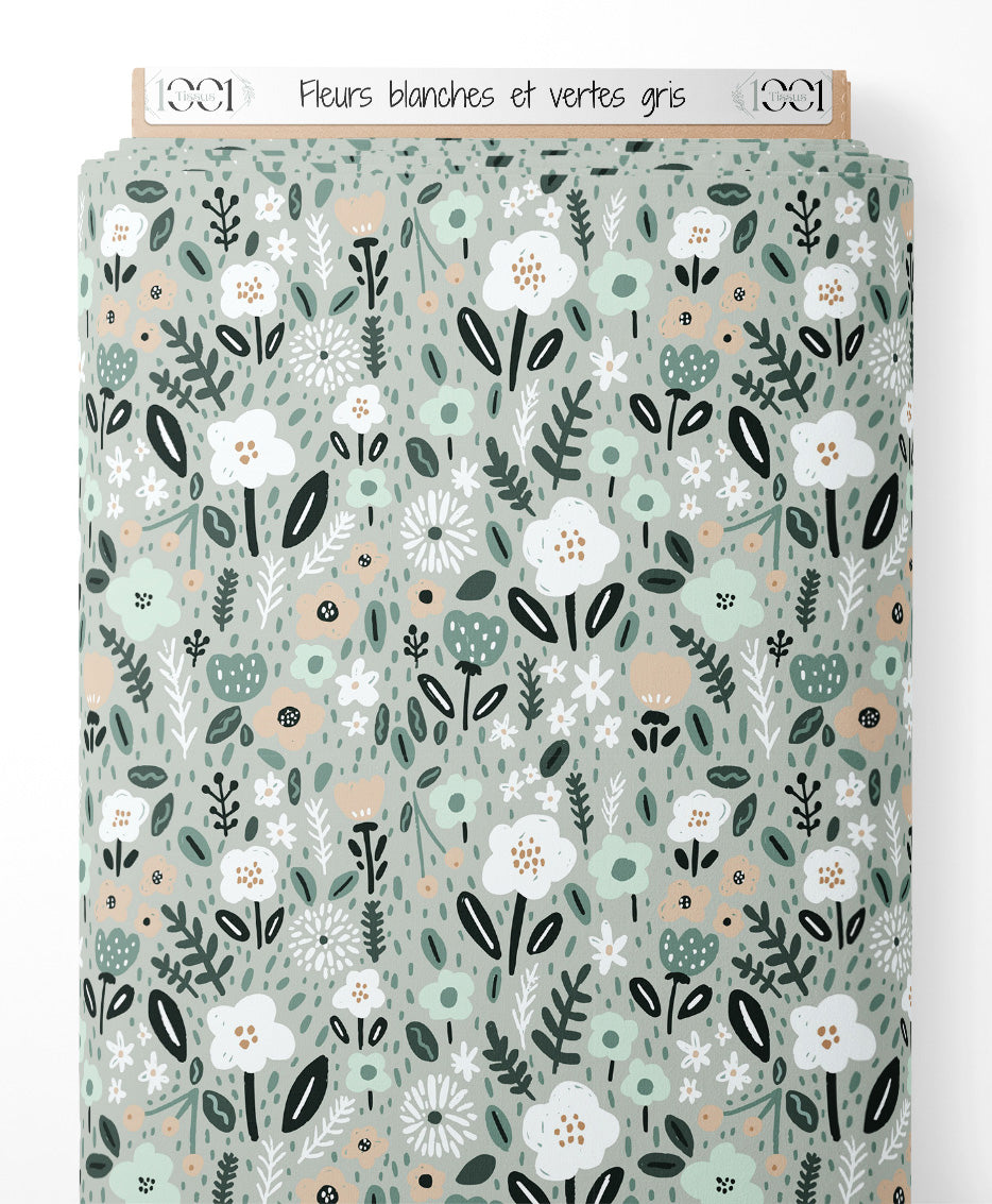 Tissu - Fleurs blanches et vertes gris