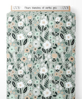 Tissu - Fleurs blanches et vertes gris