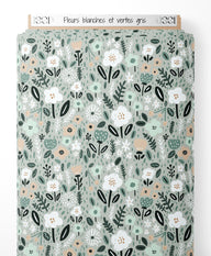 Tissu - Fleurs blanches et vertes gris