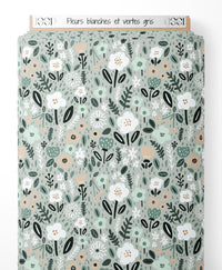 Tissu - Fleurs blanches et vertes gris