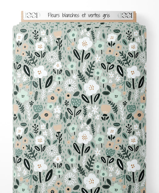 Tissu - Fleurs blanches et vertes gris