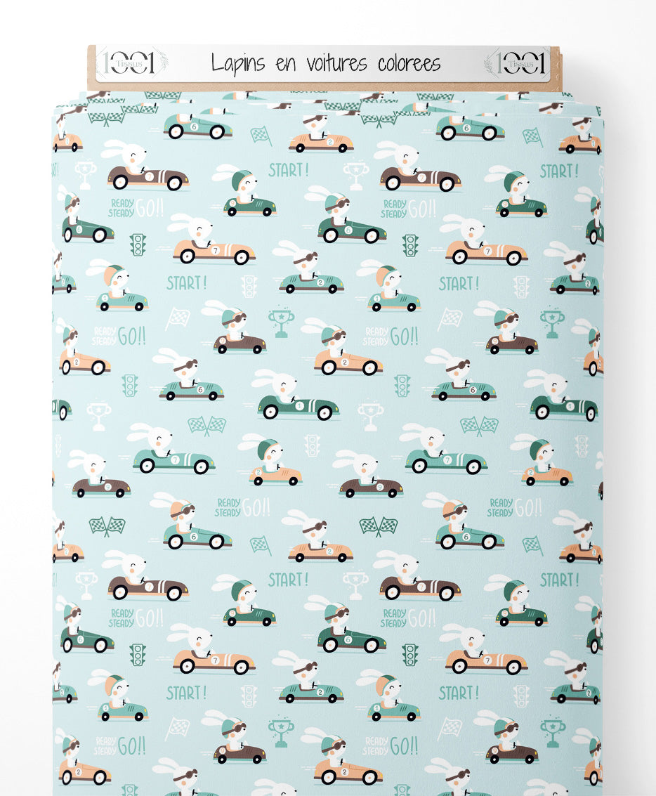 Tissu - Lapins en voitures colorées