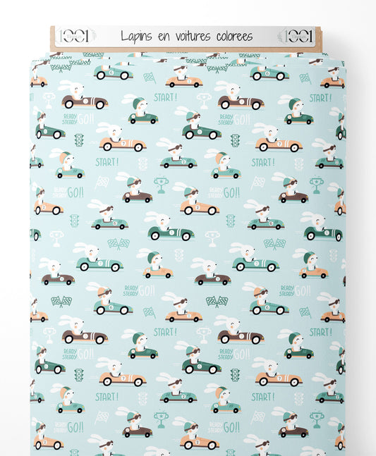 Tissu - Lapins en voitures colorées