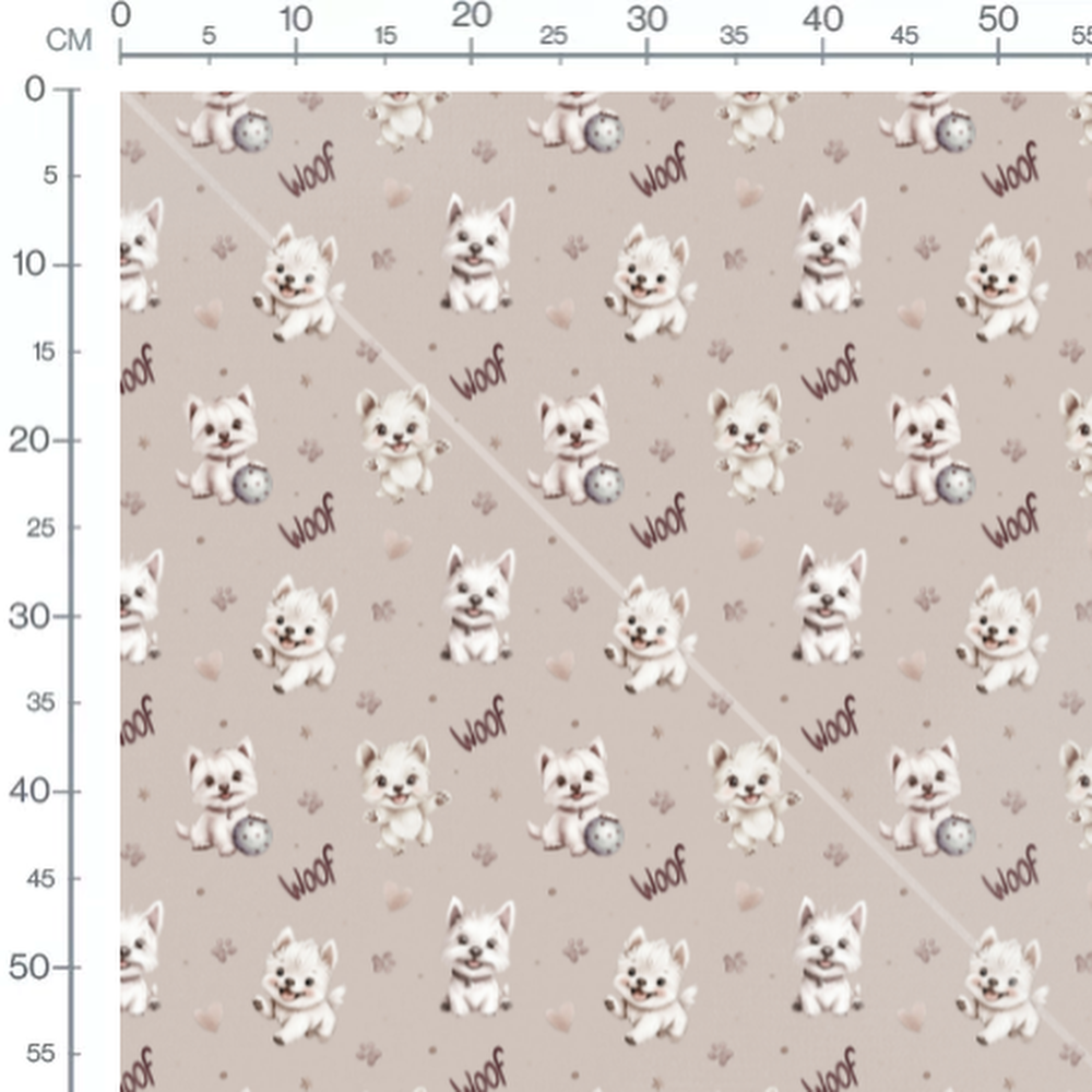 Tissu - Chiots blancs sur fond beige