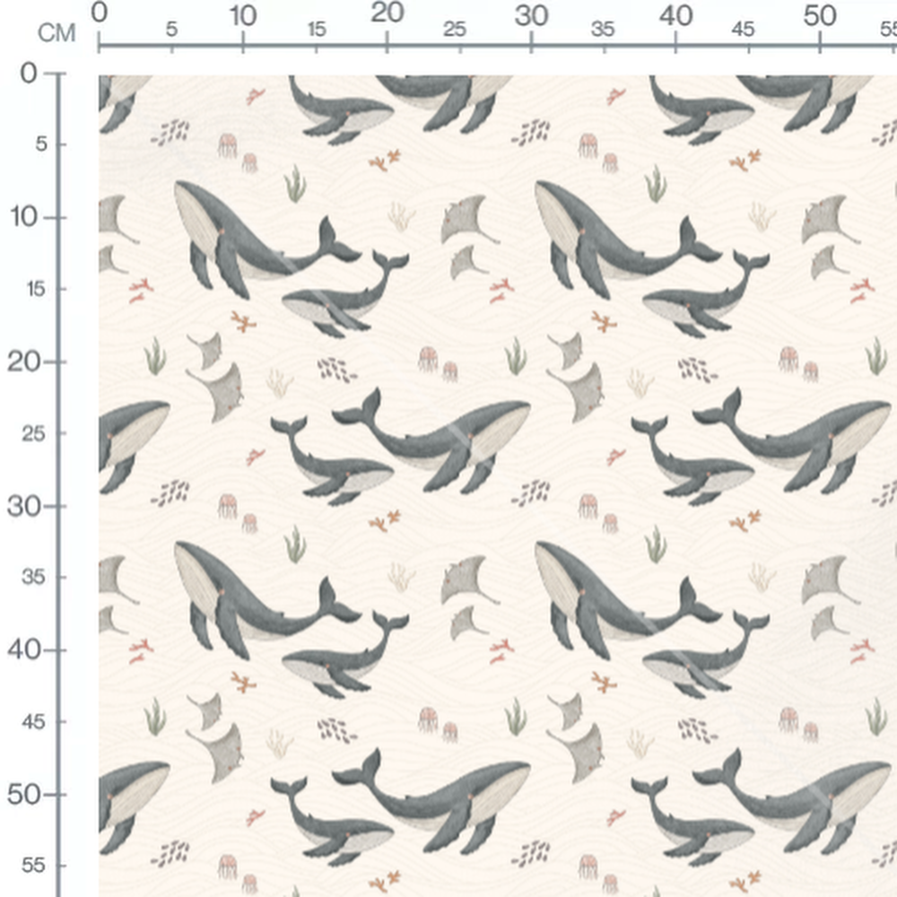 Tissu - Baleines et raies sur beige