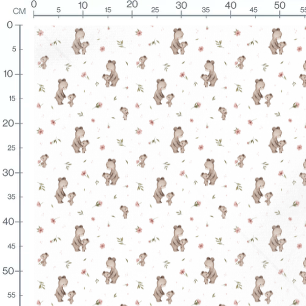 Tissu - Ours et petits sur fond blanc