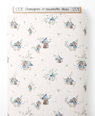 Tissu - Champignons et maisonnettes bleues