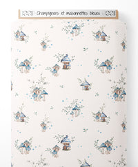 Tissu - Champignons et maisonnettes bleues
