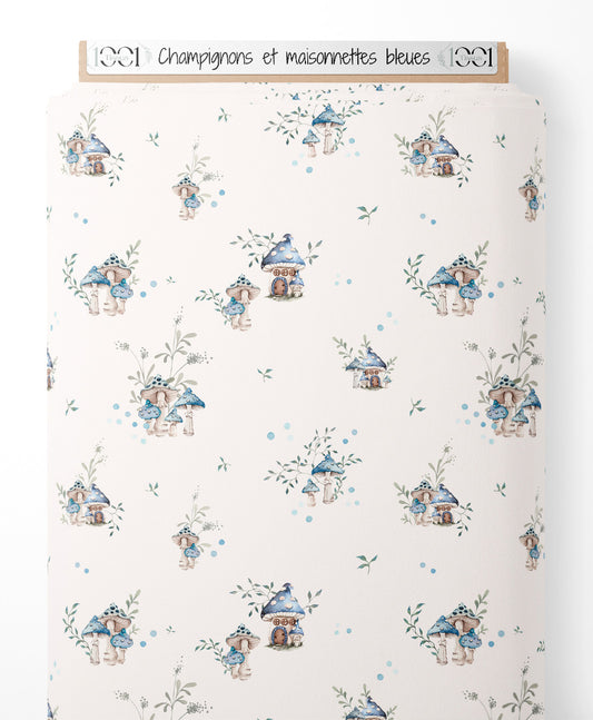 Tissu - Champignons et maisonnettes bleues