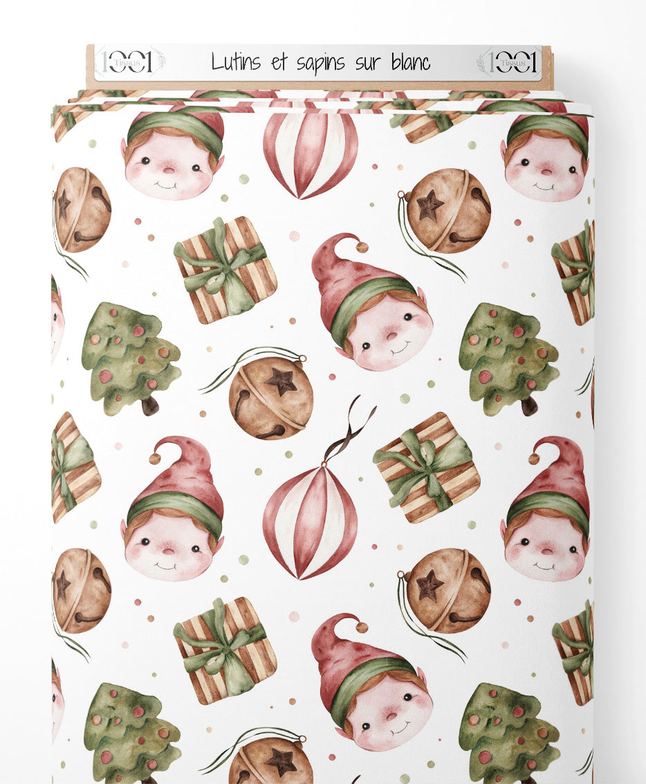 Tissu - Lutins et sapins sur blanc